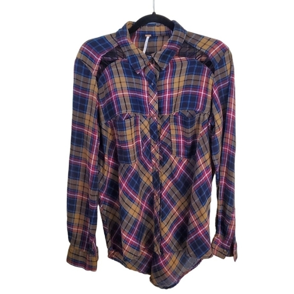 Free People Plaid Open Front Shoulders Metal Snap Western Shirt Size S - Picture 1 of 6
